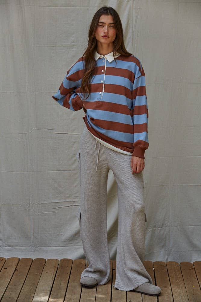 L8802 | Knit Cotton Striped French Terry Collar Neck Top