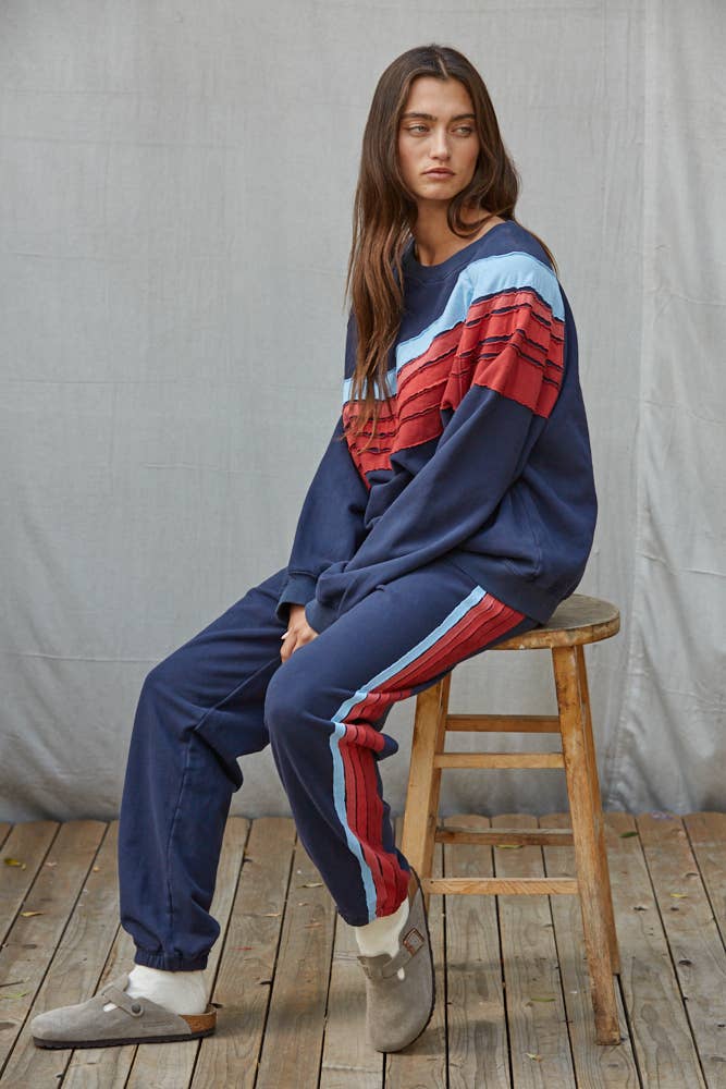L10026T | Knit Cotton Crew Multi Color Stripe Detail Top