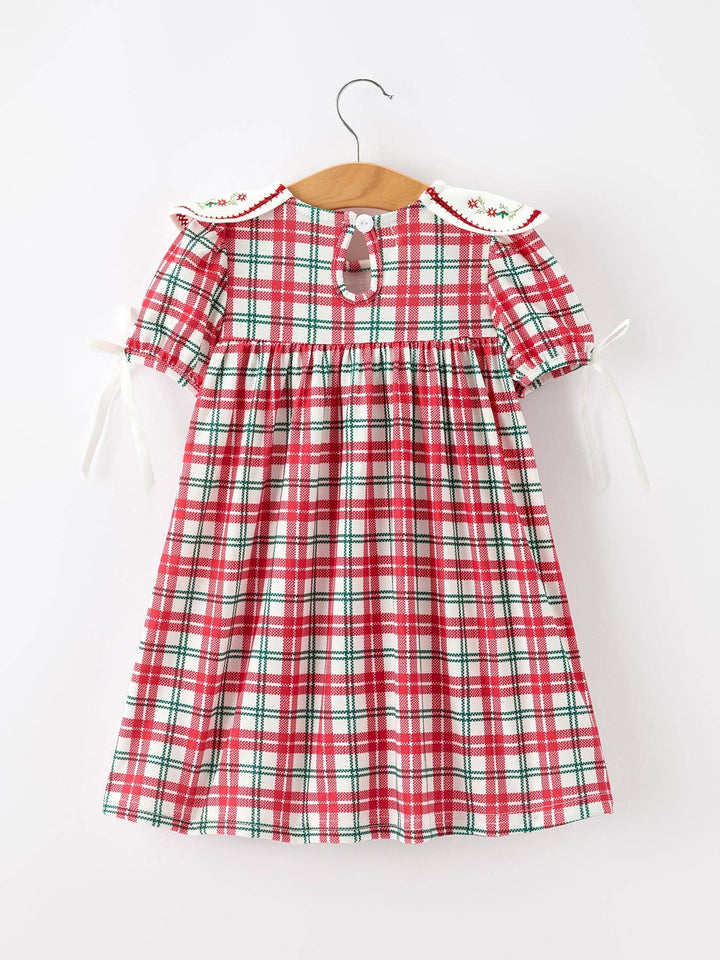 Red Christmas Plaid Wreath Embroidered Girl Dress