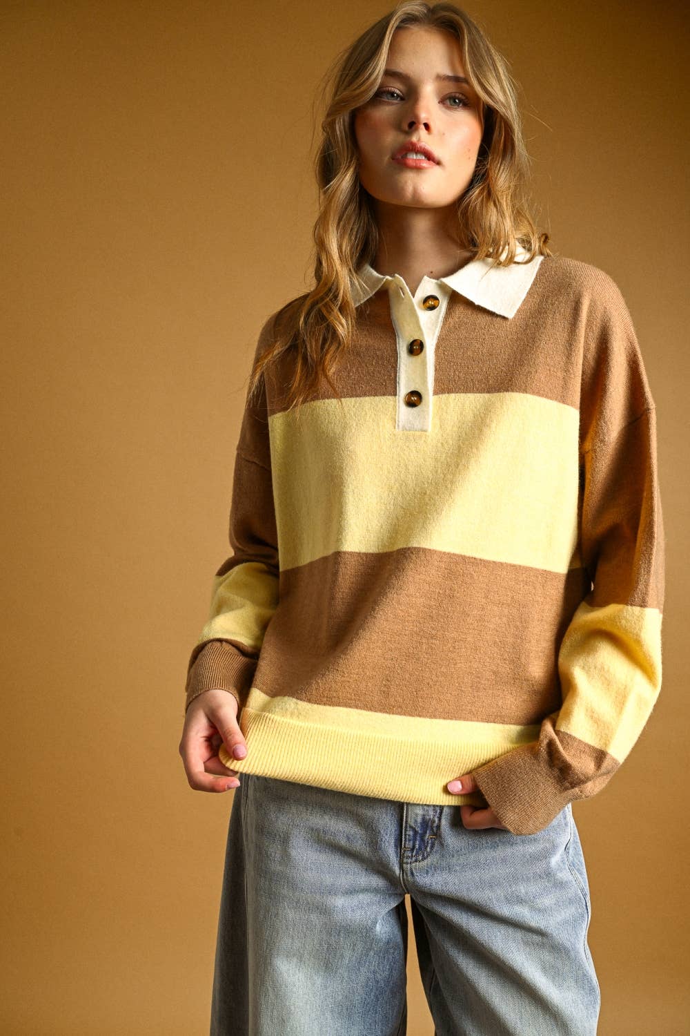 T7635   COLOR BLOCK SWEATER KNIT COLLAR TOP