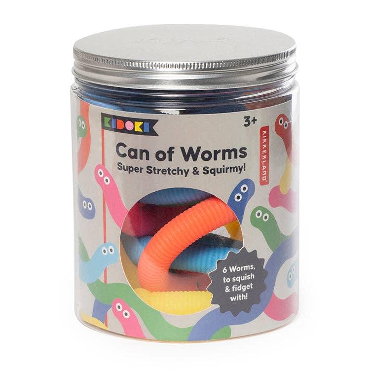 Colorful stretchy worm toys in a clear can, perfect for squishing and fidgeting, ages 3+