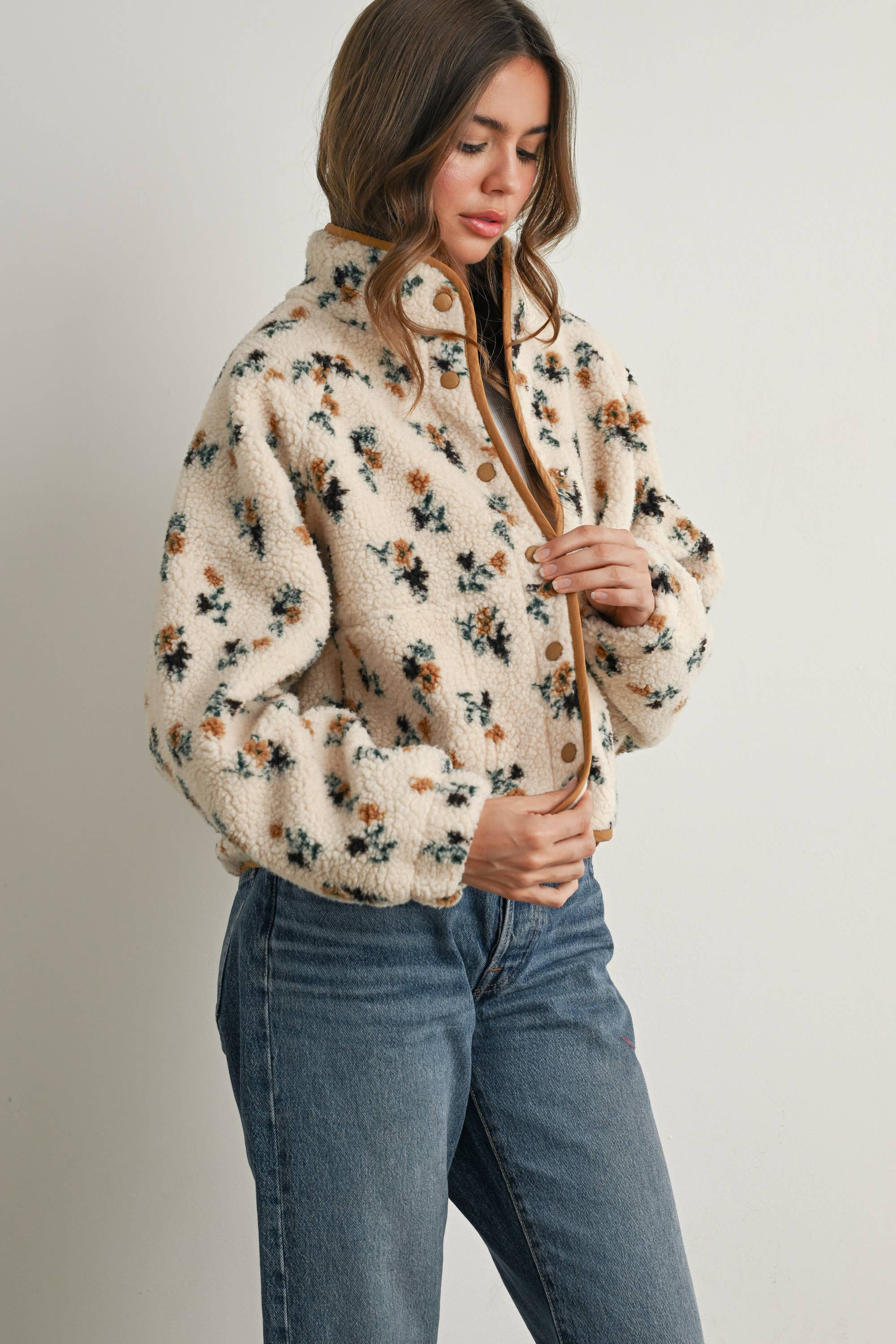 Floral Print Fluffy Fleece Jacket - BMJ7811