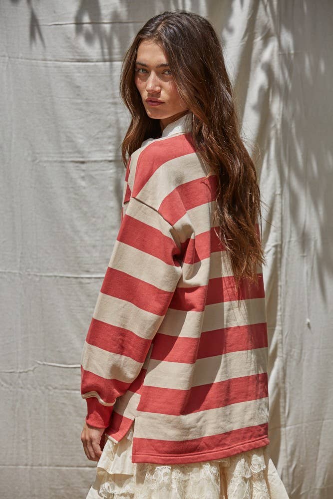 L8802 | Knit Cotton Striped French Terry Collar Neck Top