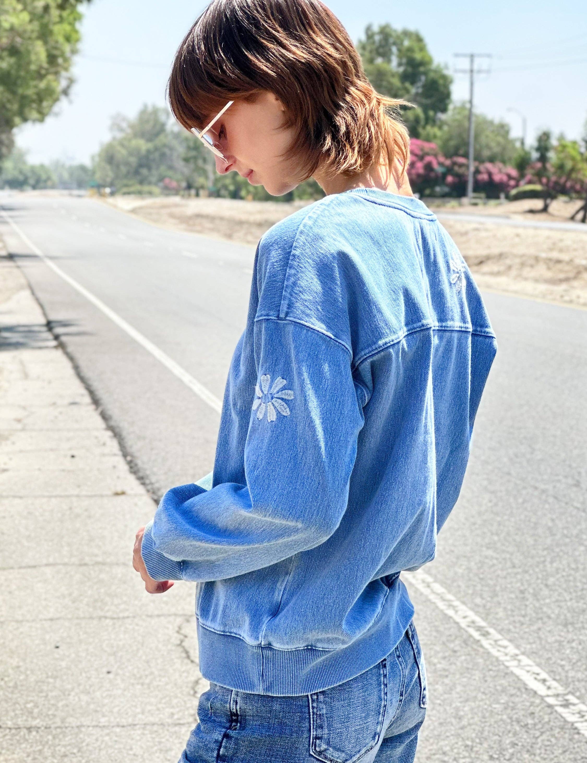 Denim Daisy Embroidered Sweatshirt