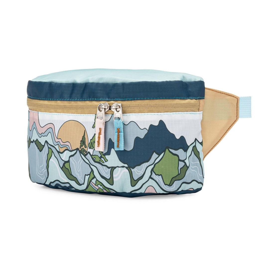 Mountain-themed fanny pack with scenic print and dual zippers for outdoor adventures