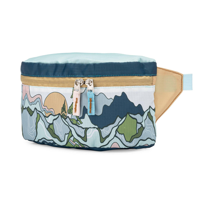 Mountain-themed fanny pack with scenic print and dual zippers for outdoor adventures