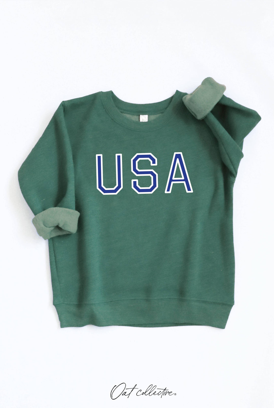 Green USA graphic sweatshirt with rolled sleeves, casual outdoor style