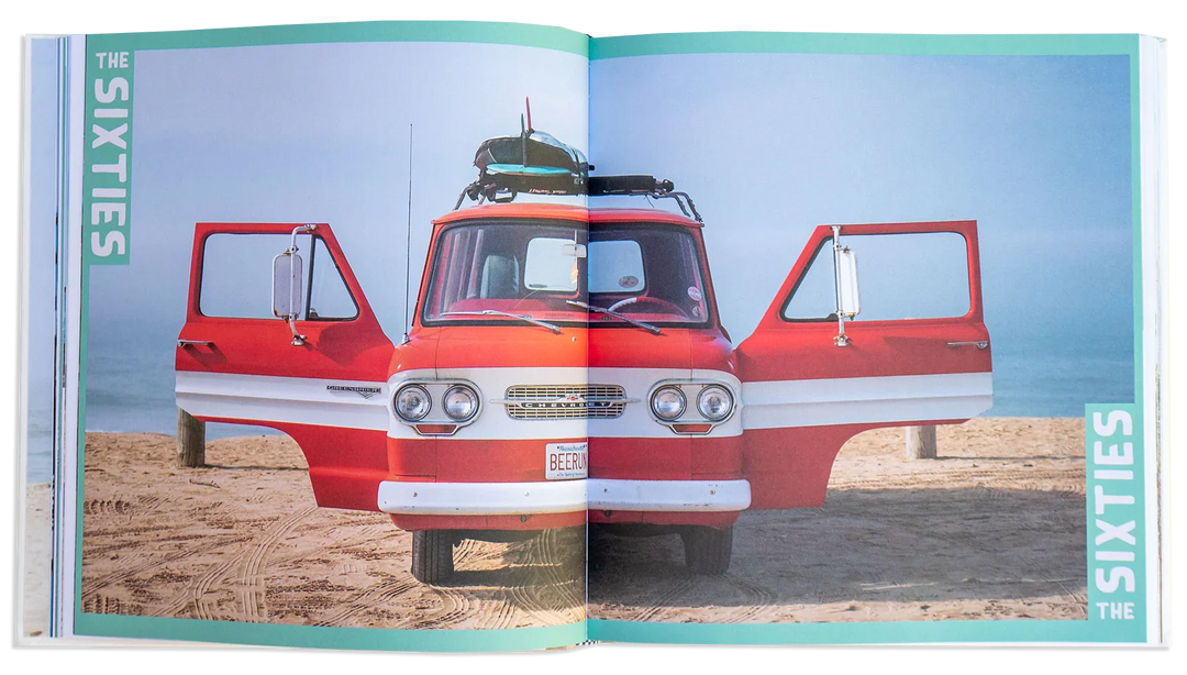 Vintage red and white Chevy van on beach with surfboard, 1960s coastal adventure vibe