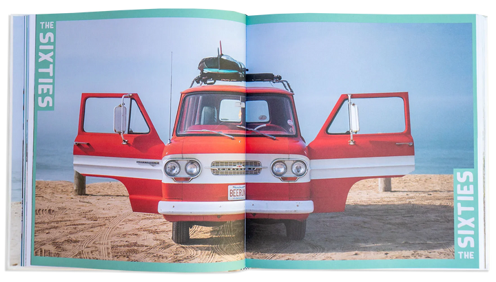 Vintage red and white Chevy van on beach with surfboard, 1960s coastal adventure vibe