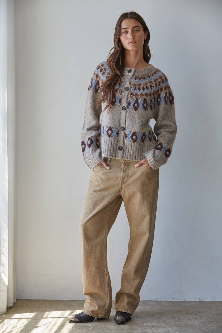 W2764 | Knit Sweater Fair Isle Long Sleeve Cardigan