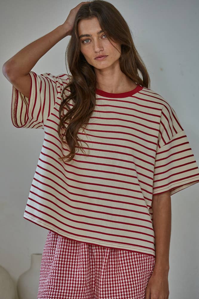 L9691 | Knit Cotton Striped Short Sleeve Crew Neck Top