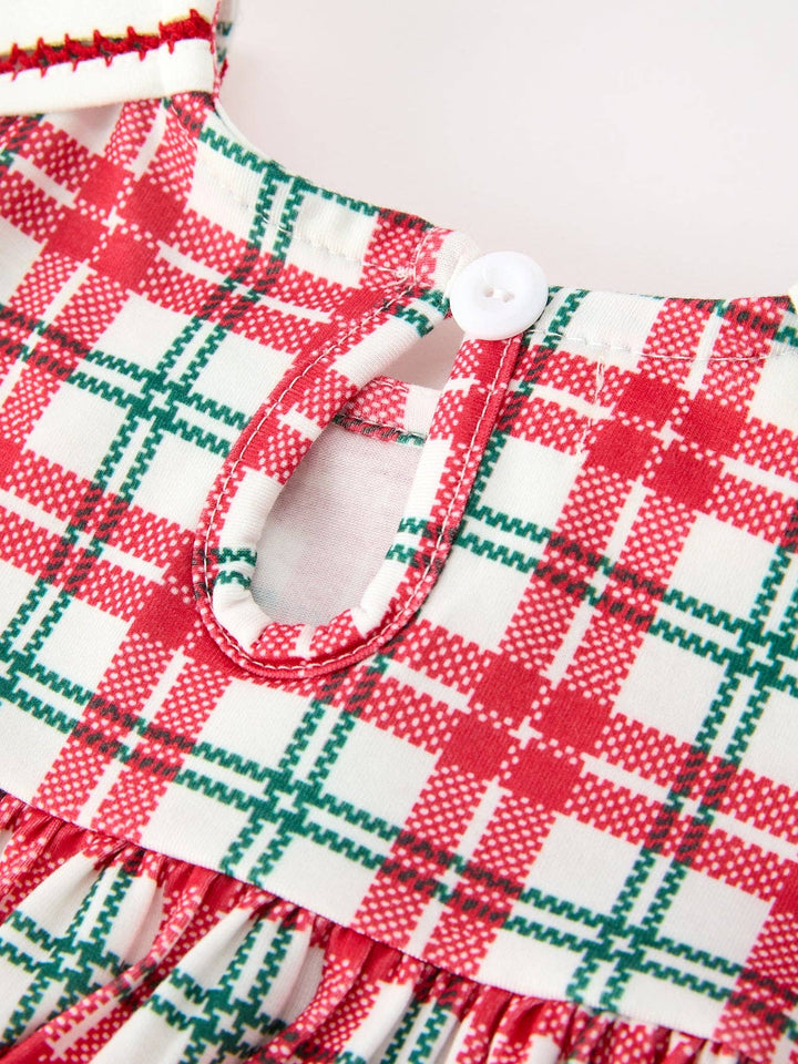 Red Christmas Plaid Wreath Embroidered Girl Dress