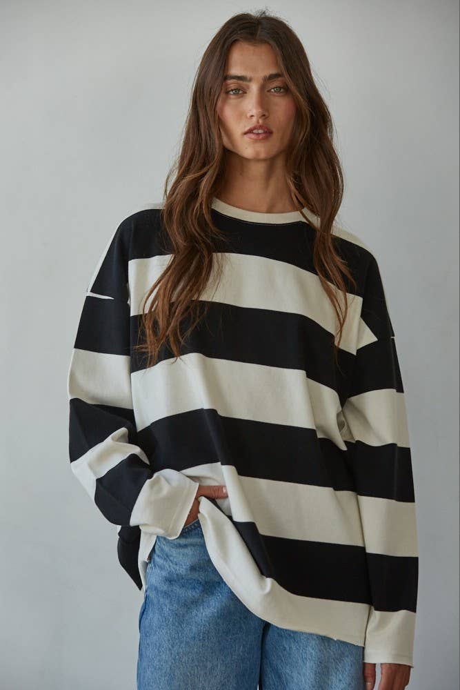 L8742 | Knit Cotton Striped Crew Neck Long Sleeve Sweatshirt