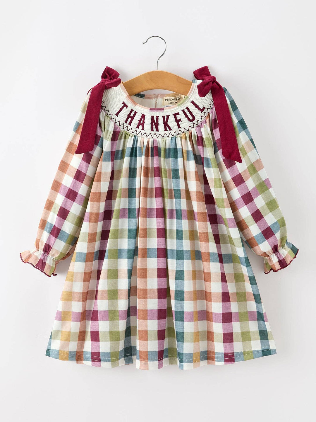 Thanksgiving “THANKFUL” Embroidered Smocked Plaid Dress