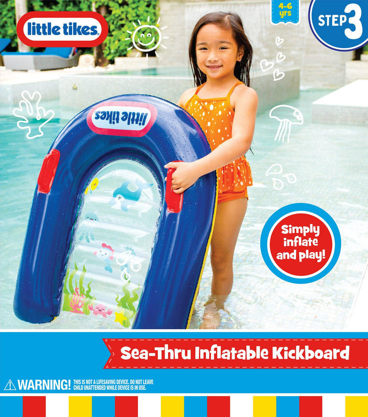 Little Tikes Sea-Thru Inflatable Kickboard for kids 4-6 yrs, pool fun with ocean graphics, simply inflate and play