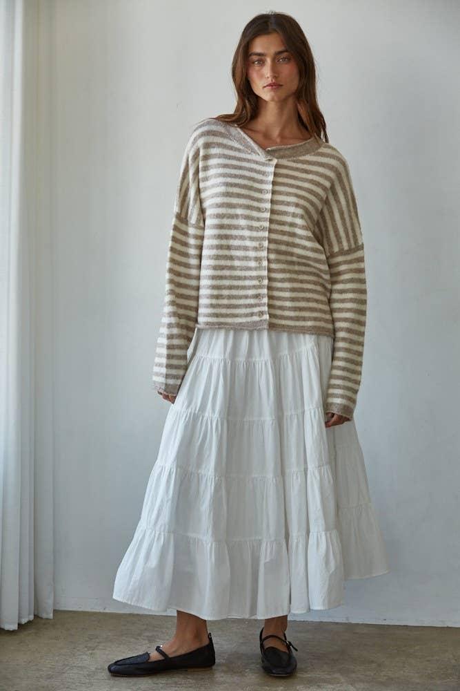 Striped cardigan sweater with white tiered midi skirt, coastal style outfit
