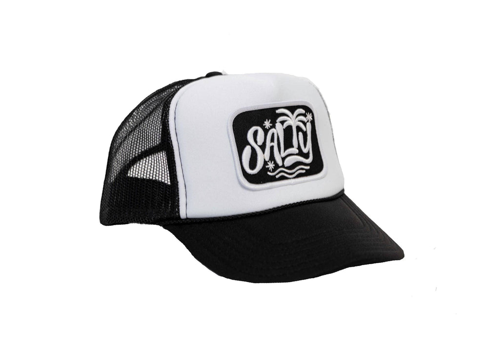 White and black trucker hat with 'SALTY' palm tree patch, coastal style gear for beach days and PNW adventures.