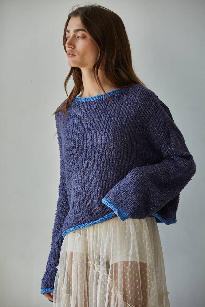W1919 | Knit Sweater Pullover Top With Contrast Hems Detail