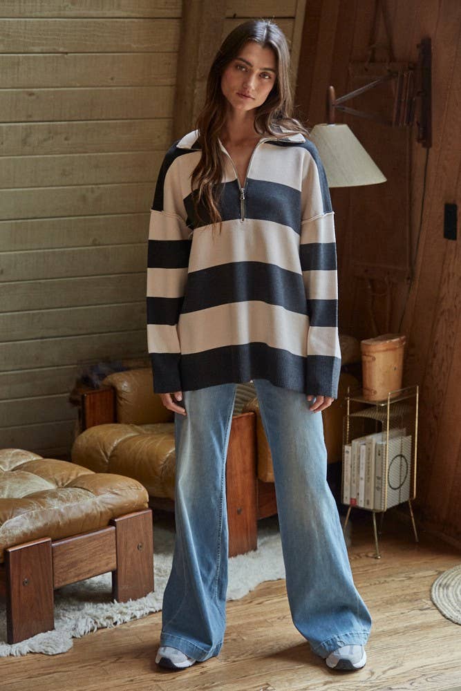 W2199 | Knit Striped Turtleneck Half Zip Up Top