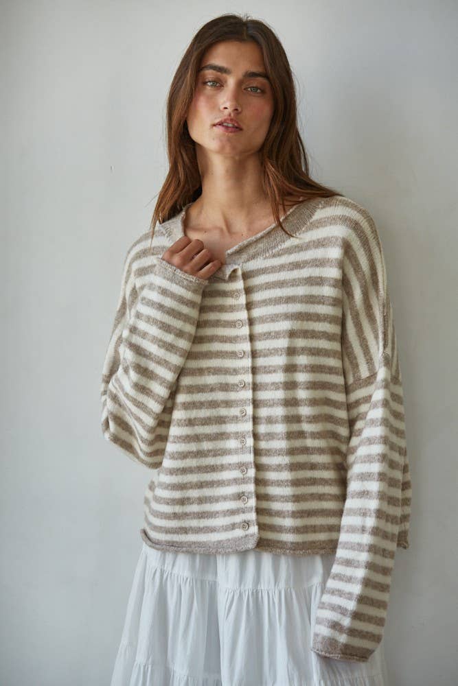 W2297 | Knit Sweater Striped Buttondown Cardigan Top