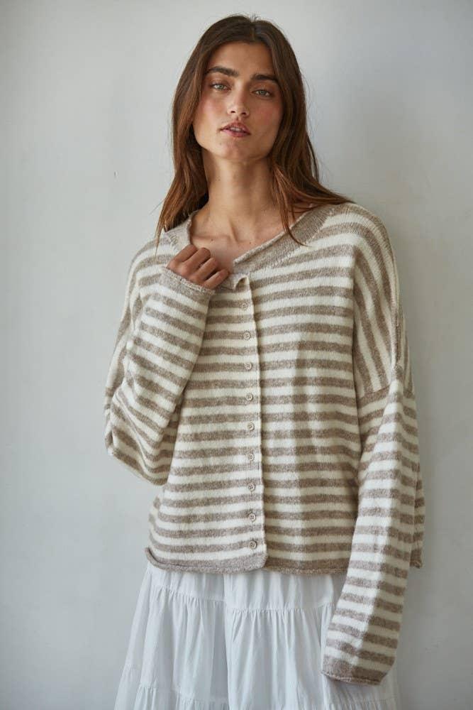 Striped button-front cardigan for coastal PNW style, soft knit, relaxed fit, everyday outdoor wear