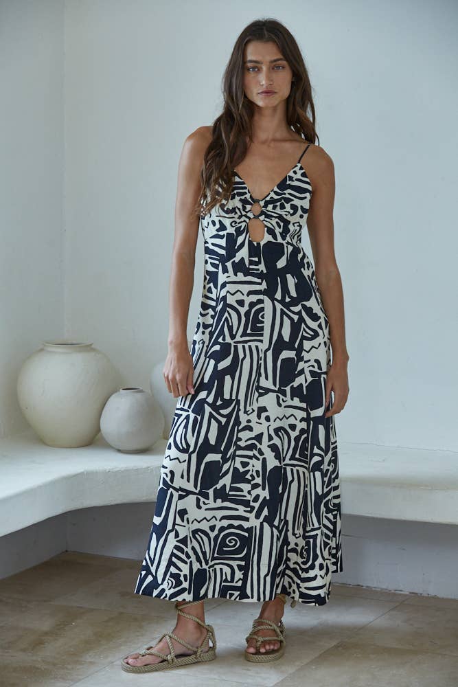L9368 | Woven Rayon Nylon Tribal Print Sleeveless Dress