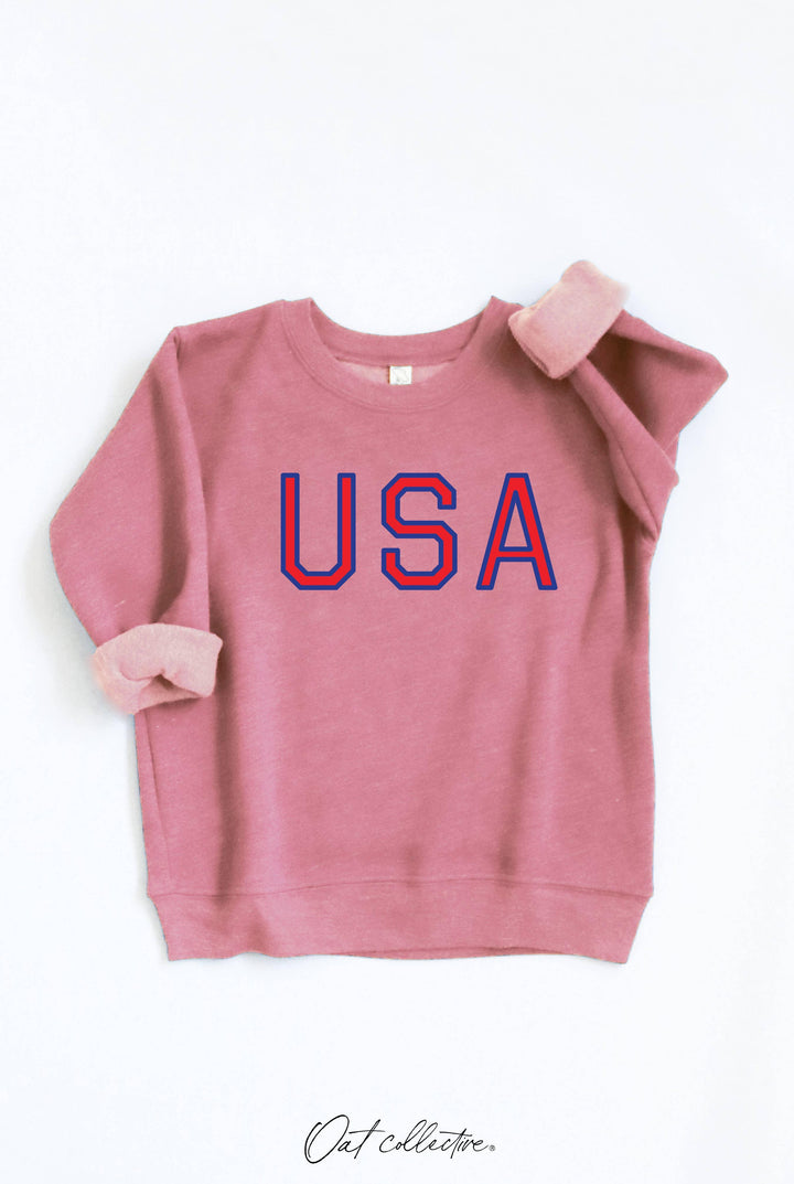 Pink USA graphic sweatshirt with rolled sleeves, coastal outdoor lifestyle apparel
