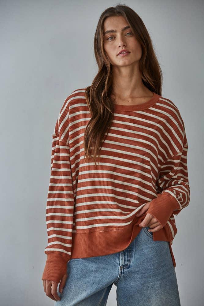 L9220 | Knit Cotton Spandex Striped Thermal Pullover