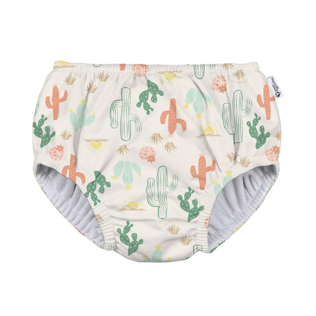 Cactus-themed baby diaper cover with colorful desert print and soft gray lining