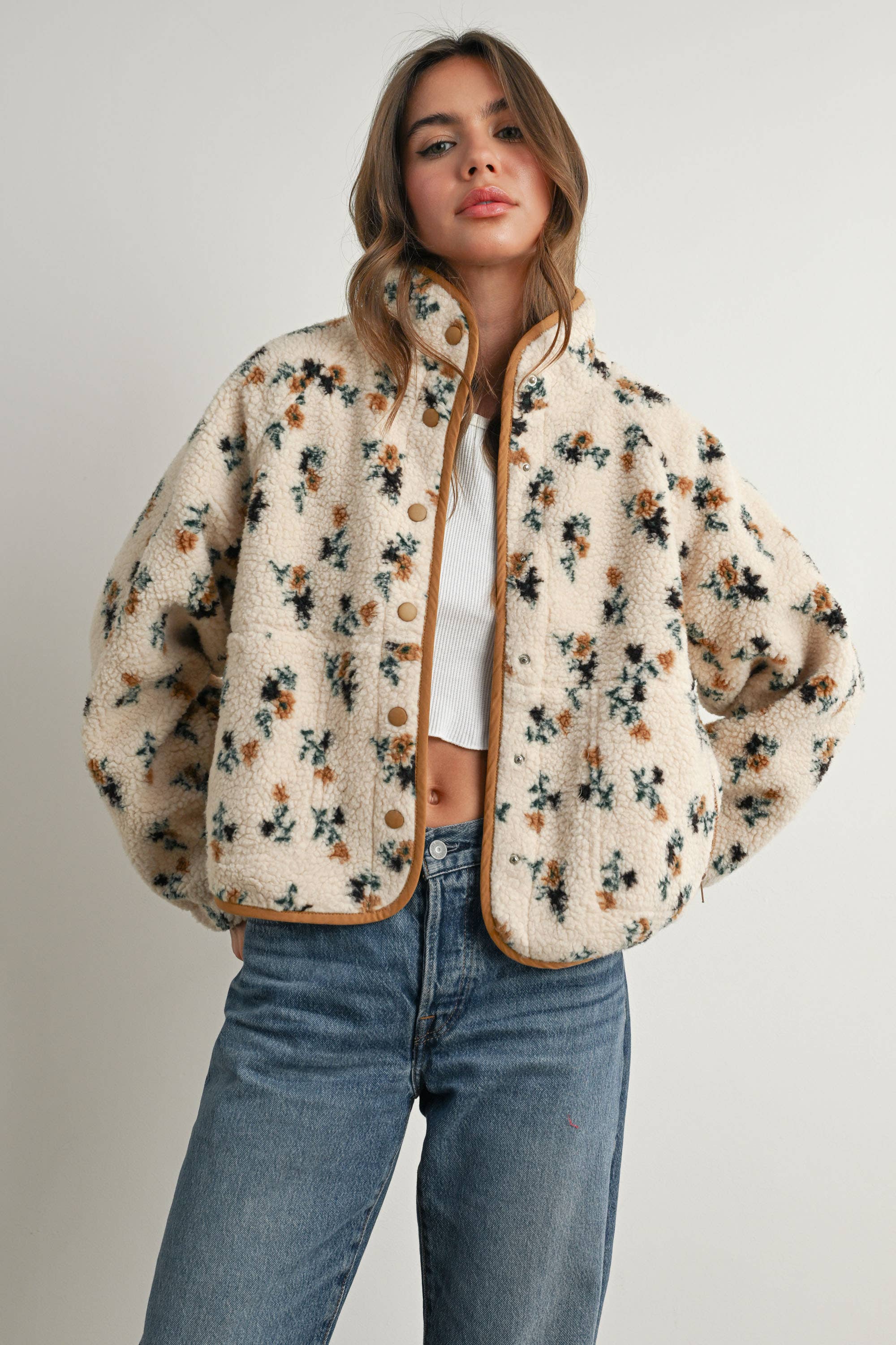 Floral Print Fluffy Fleece Jacket - BMJ7811