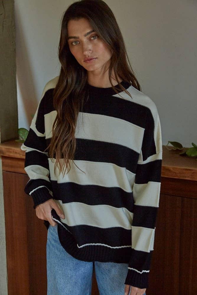 Woman in black and cream striped sweater, coastal style outfit, PNW weekend ready