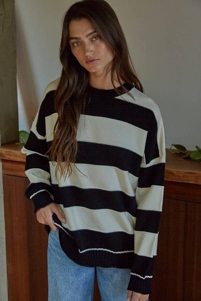 W2129 | Knit Sweater Striped Crew Neck Long Sleeve Pullover