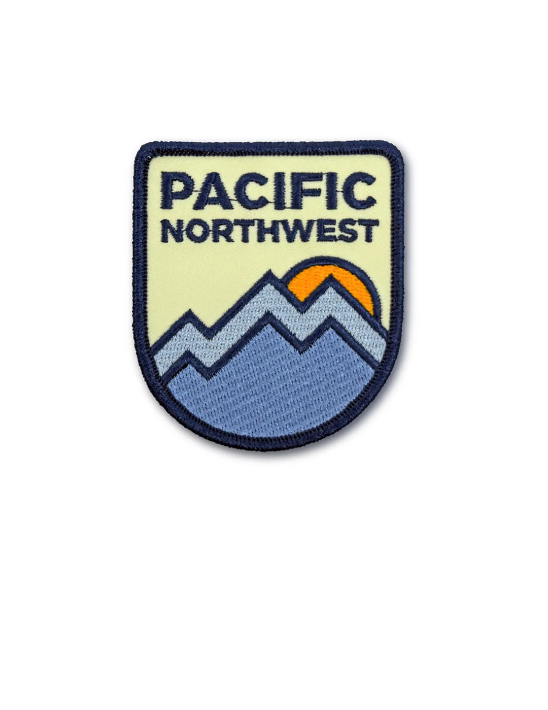 Pacific Northwest embroidered patch with mountain and sunset design, ideal for outdoor gear and PNW adventures.