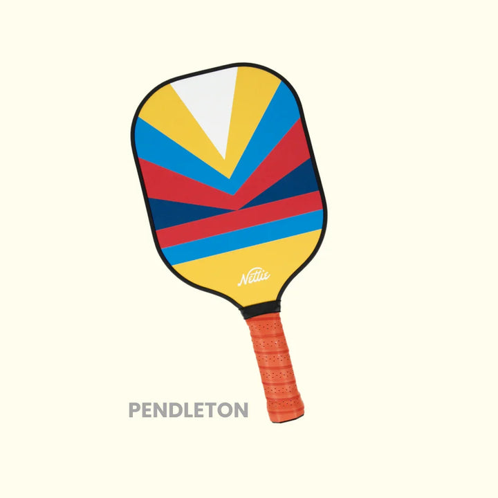 Colorful Nettie pickleball paddle with geometric design and orange grip, Pendleton collaboration