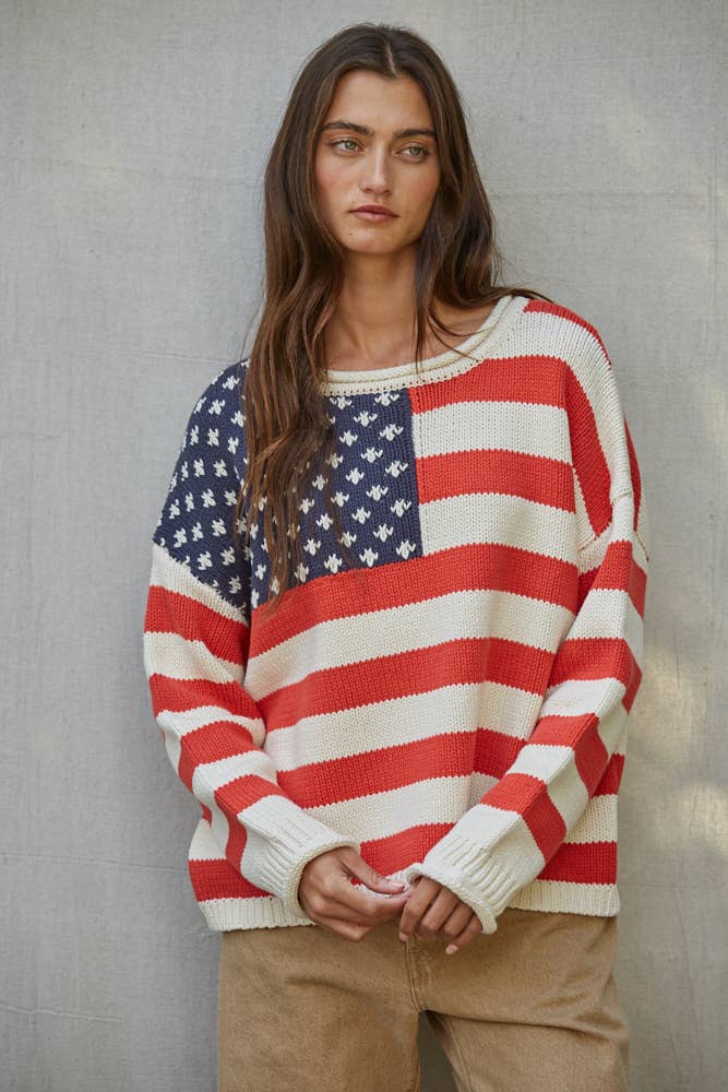 W2676 | Knit Sweater Polyester American Flag Striped Top