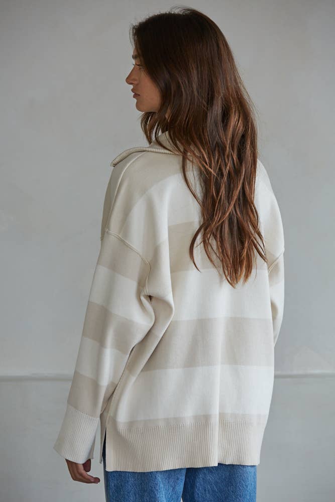W2199 | Knit Striped Turtleneck Half Zip Up Top