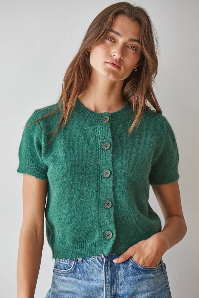 W2554 | Knit Sweater Button Down Short Sleeve Cardigan Top