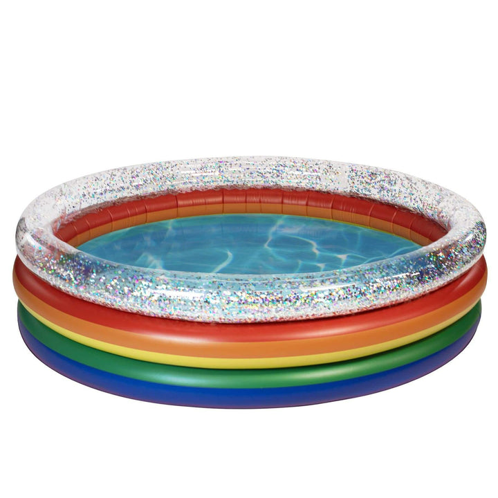 Rainbow inflatable pool with glittery rim for outdoor fun