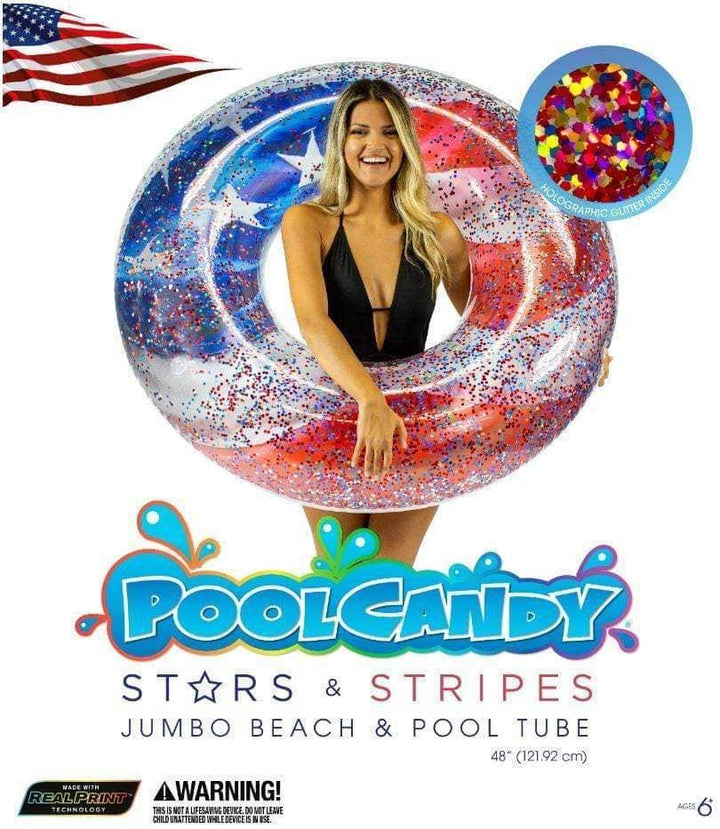 Stars &amp; Stripes jumbo pool float with holographic glitter, perfect for beach and pool fun