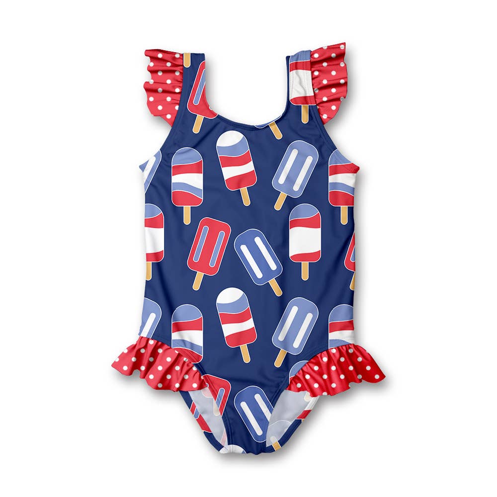 Millie Loves Lily - Girls Swim Navy Popsicles Ruffle-Accent One-Piece