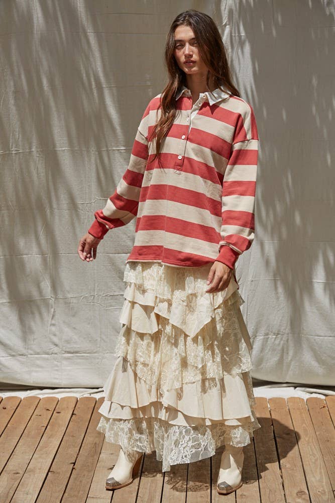 L8802 | Knit Cotton Striped French Terry Collar Neck Top
