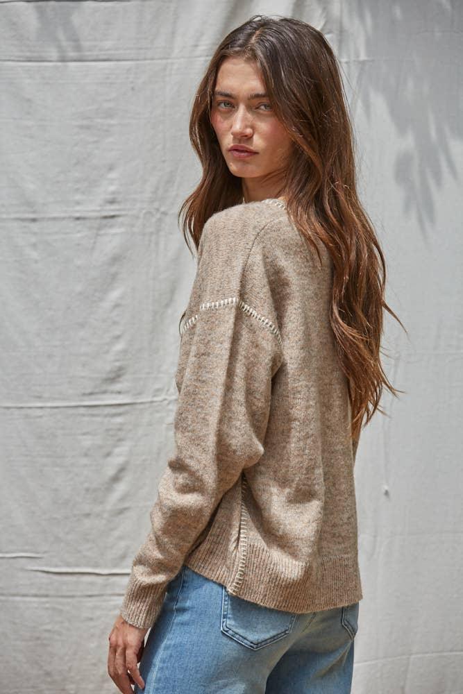 By Together Knit Sweater w/Contrast Stitches Detail