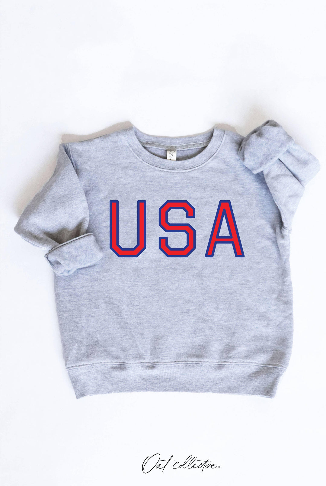 Gray kids sweatshirt with bold red and blue USA graphic, perfect for coastal PNW adventures.