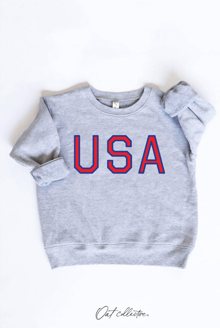 Gray kids sweatshirt with bold red and blue USA graphic, perfect for coastal PNW adventures.