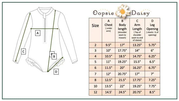Oopsie Daisy long-sleeve baby onesie size chart with measurements for chest, body, arm, and leg opening