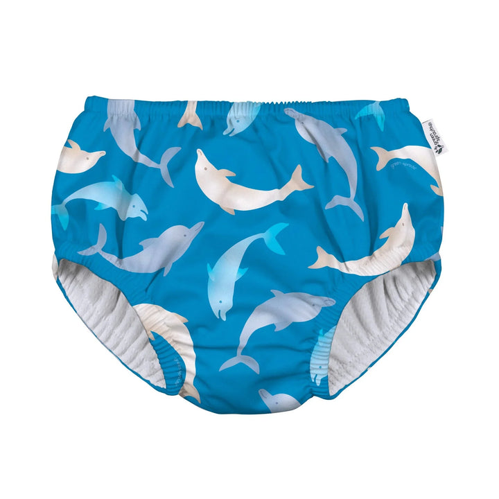 Blue swim diaper with dolphin print, ideal for baby pool or beach use