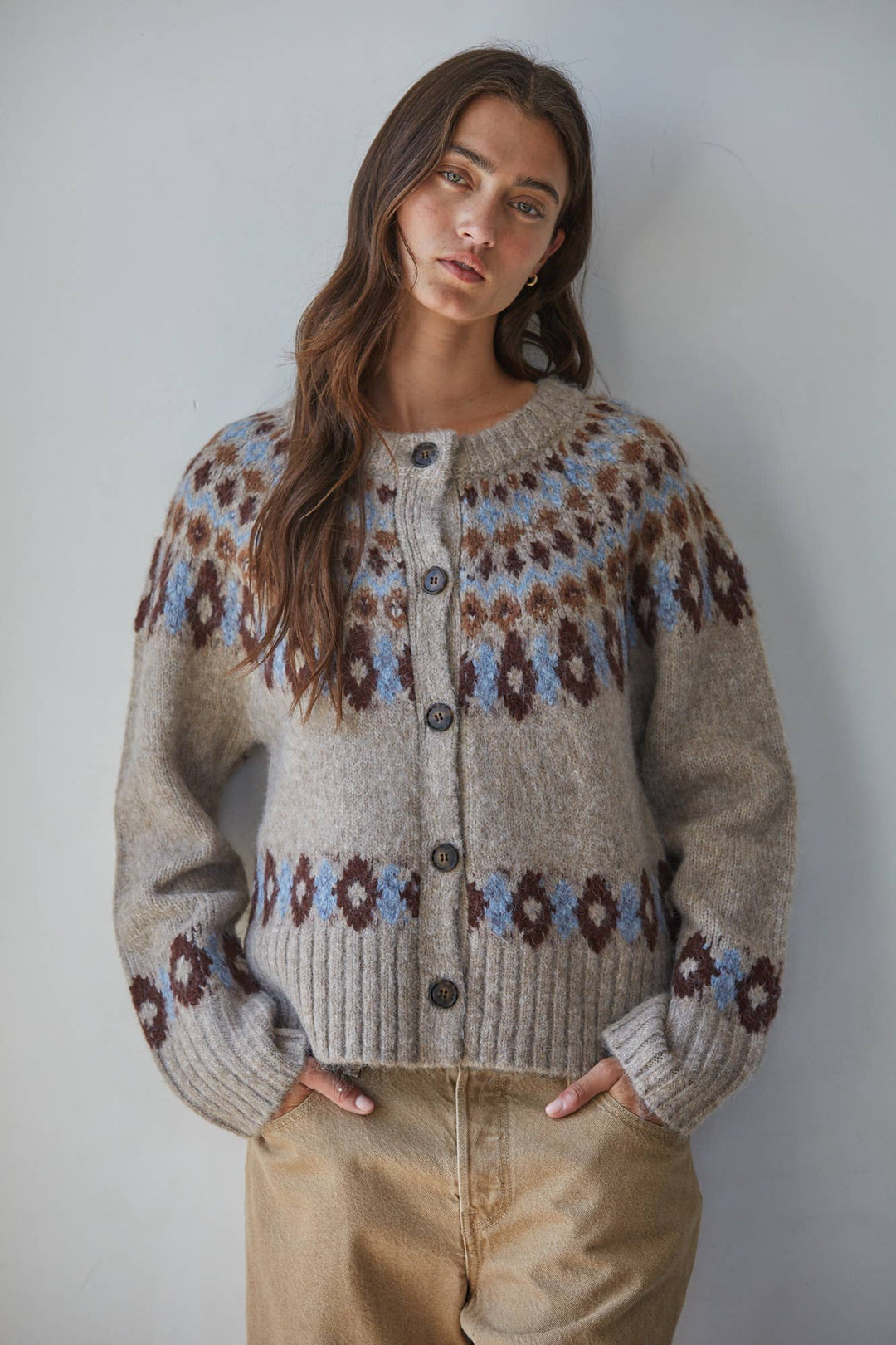 W2764 | Knit Sweater Fair Isle Long Sleeve Cardigan