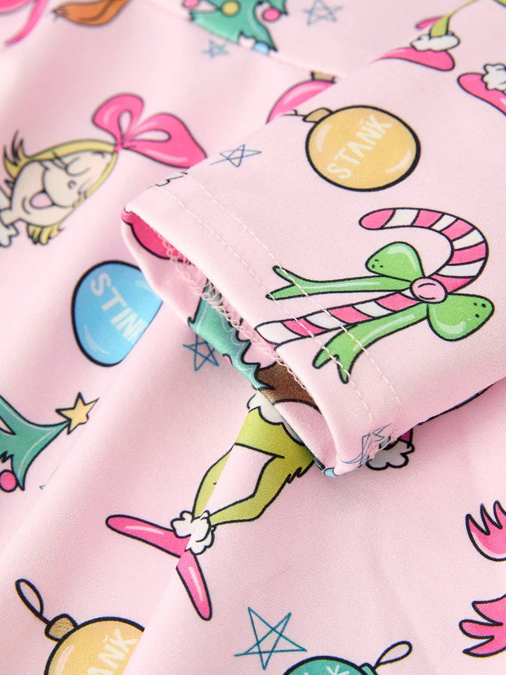 Pink Christmas Character Print Long Sleeve Girls Dress
