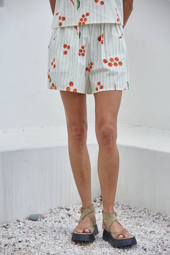 L9699B | Woven Cotton Striped Veggie Print Shorts