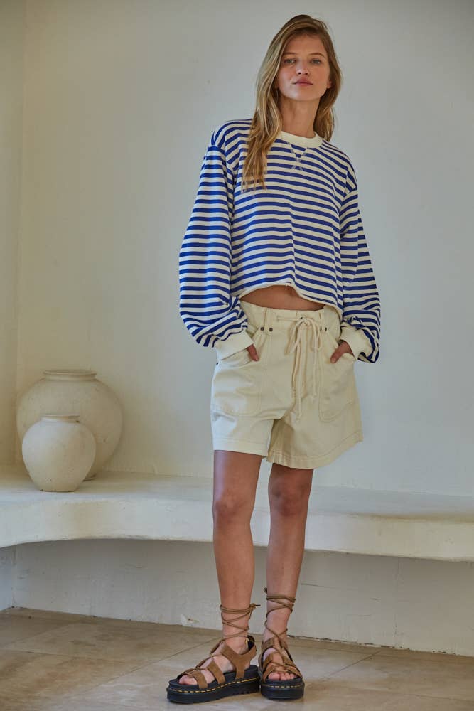 L8344 | Knit Cotton Striped Crew Neck Long Sleeve Pullover